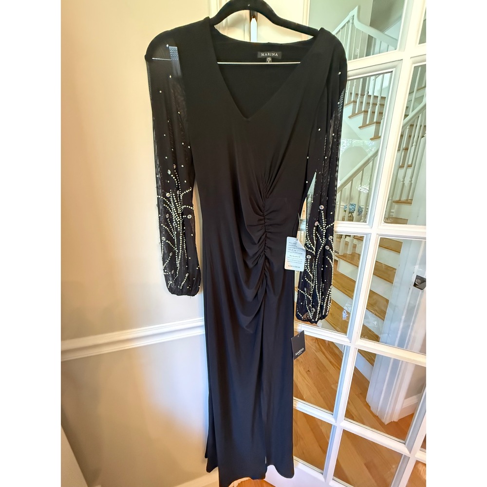 Marina Black Embellished Sheer Sleeve V-Neck Gown Slit Formal Dress Size S - Picture 3 of 10